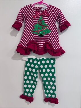 Rare Editions Red Stripe Christmas Tree Top with Green Polka Dot Leggings 2T